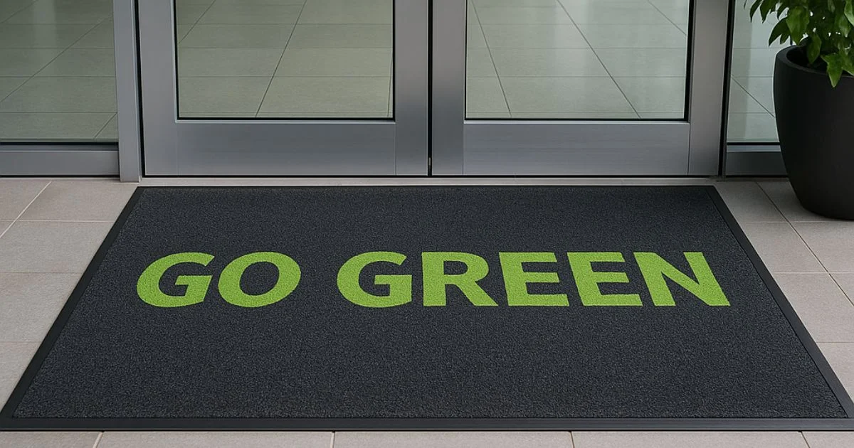Eco-friendly entrance mat with “Go Green” message at office doorway